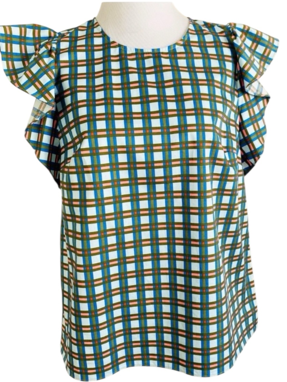 Kate Spade Plaid Blouse Small Flutter sleeve Blue Pink Cotton Preppy Office